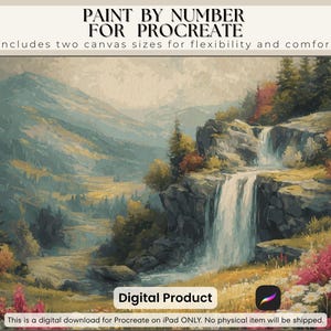 May include: Digital landscape painting for Procreate, featuring a waterfall cascading down rocky cliffs. The artwork includes text: "PAINT BY NUMBER FOR PROCREATE" and "Digital Product". The image showcases a serene mountain scene with lush greenery and colorful flowers.