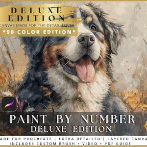 Può includere: Stampa artistica digitale di un Bovaro del Bernese con bordo dorato. L'immagine presenta il testo "DELUXE EDITION" e "PAINT BY NUMBER DELUXE EDITION". L'opera d'arte è progettata per Procreate e include un pennello personalizzato, video e guida PDF.