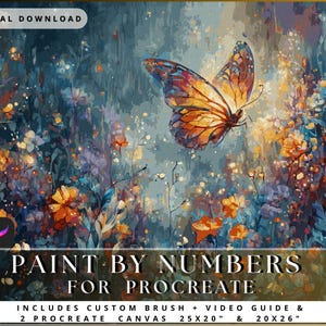 May include: Digital download of a painting featuring a butterfly and flowers. The image shows a butterfly with orange and brown wings, set against a backdrop of blue, orange, and purple flowers. Text reads "PAINT BY NUMBERS FOR PROCREATE".