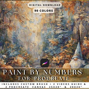 May include: Digital download of a paint-by-numbers kit for Procreate. The image features a forest scene with fall colors, pumpkins, and a gnome. Includes custom brush, 2 video guides, and two Procreate canvases, 25x20 inches and 20x26 inches.