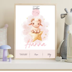 Personalisiertes Sternzeichen Poster Widder - Mädchen Geburtsposter mit Namen & Geburtsdaten - Kinderzimmer Deko