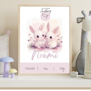 Personalisiertes Sternzeichen Poster Zwilling Hasen - Mädchen Geburtsposter mit Namen & Geburtsdaten - Aquarell Kinderzimmer Deko