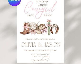 May include: A baby shower invitation with a cowgirl theme. The invitation features watercolor illustrations of cowboy boots, a longhorn, a cowboy hat, a cactus, and a horseshoe. The text reads "Howdy Hey, A Little Cowgirl Is On The Way."