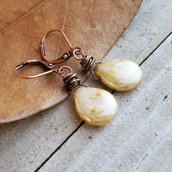 Sunlight Picasso Glass Teardrop Earrings, Oxidized Copper Earrings, Wire wrap, Ivory Czech Glass Briolette Earrings, Sunlight, Cream