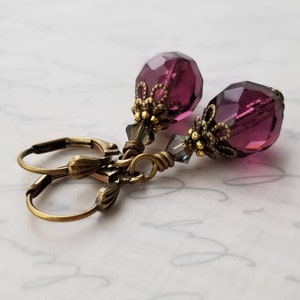 Amethyst Czech Glass Leverback Earrings in Antiqued Gold: Neo Victorian Brass Dangle