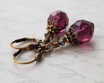 Amethyst Czech Glass Leverback Earrings in Antiqued Gold: Neo Victorian Brass Dangle