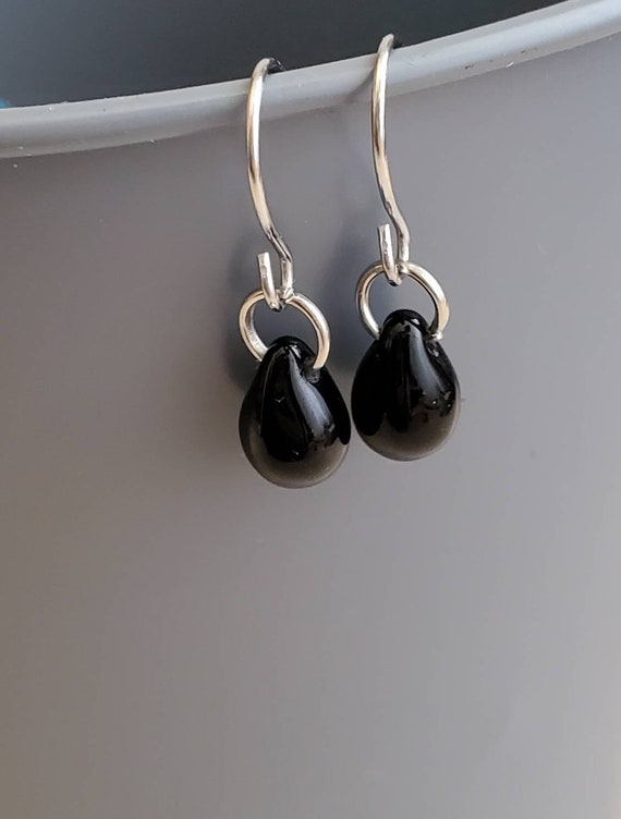 Tiny Black Teardrop Dangle Earrings Black Earrings Petite Black