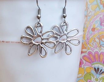 Boho Silver Flower Earrings: Hippie Daisy Charm, Surgical Steel