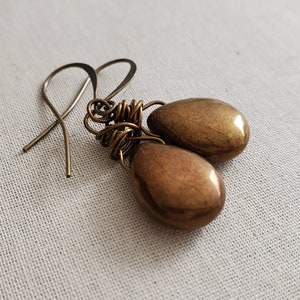 Bronze Glass Teardrop Earrings, Rustic Bronze Brown Earrings, Rustic Bronze Earrings, Brass, Boho, Wire Wrapped