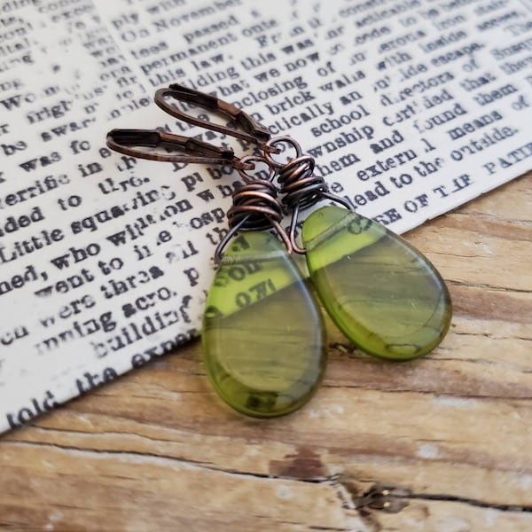 Olive Green Glass Teardrop Earrings in Oxidized Copper, Chartreuse, Olivine Teardrop Earrings, Wire wrap Copper, Avocado Green