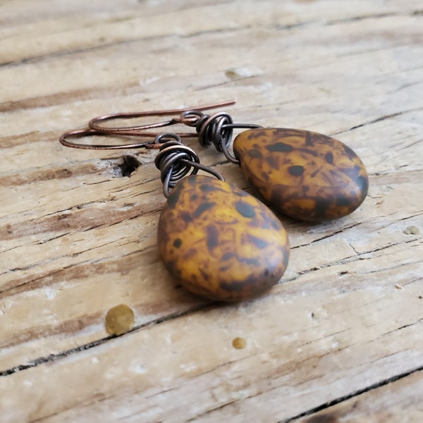 Rustic Burnt Sienna Czech Glass Teardrop Earrings Wire-wrapped in Antiqued Copper, Rustic Multi toned Brown Teardrop Earrings,