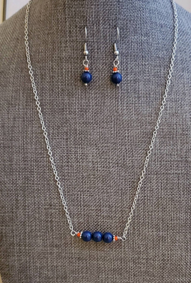 Blue and Orange Necklace, Blue Pearl Bar Necklace, UVA Cavalier Team Spirit Jewelry, Blue and Orange Bar Necklace image 6