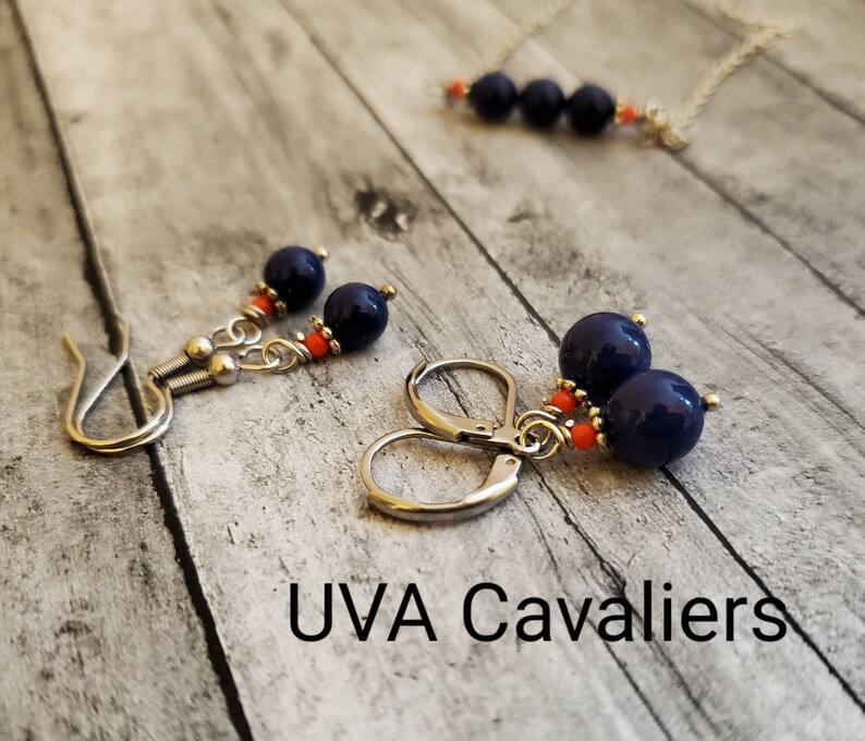 Blue and Orange Necklace, Blue Pearl Bar Necklace, UVA Cavalier Team Spirit Jewelry, Blue and Orange Bar Necklace image 7