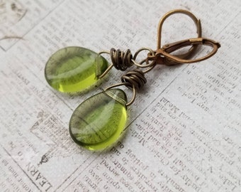 Olivine Green Earrings, Transparent Olive Green Teardrop Czech Glass Earrings, Green Drop Earrings, Antiqued Brass, minimal green drops