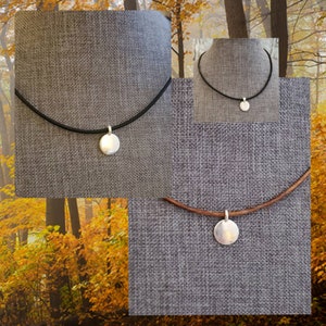 Minimal Silver Disc Leather Necklace: Pewter Pendant, Surgical Steel Clasp Black Brown Leather