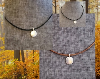 Minimal Silver Disc Leather Necklace: Pewter Pendant, Surgical Steel Clasp Black Brown Leather