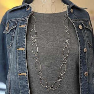 Long Chunky Platinum Large Link Chain Necklace, 40 Inch Silver Necklace, Long Silver Loop Chain Necklace, White Brass Chain