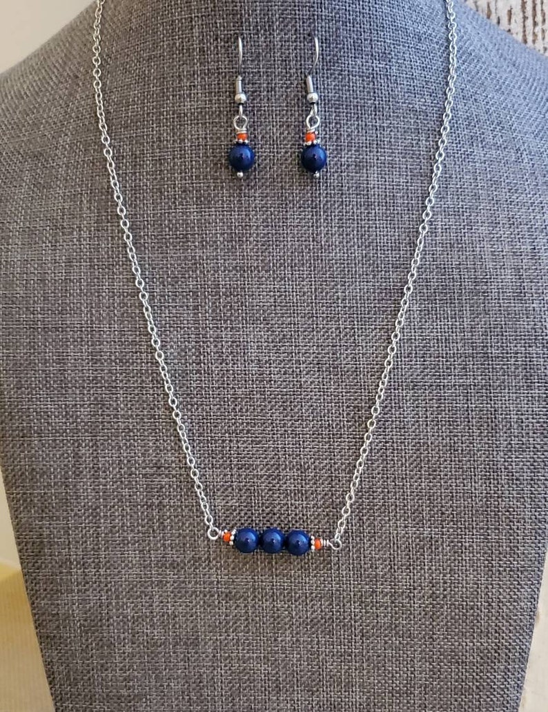 Blue and Orange Necklace, Blue Pearl Bar Necklace, UVA Cavalier Team Spirit Jewelry, Blue and Orange Bar Necklace image 4