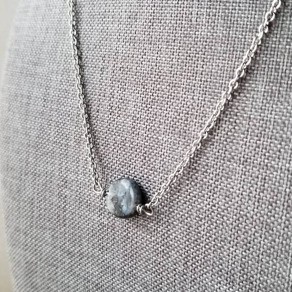 Minimal Moonstone Choker Necklace Gray Moonstone Pendant, Gray Choker, Stainless Steel, Minimal, Gray Gemstone Choker, Stacking necklace