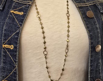 Long Antiqued Brass Chain Necklace: Bronze Beaded Layering Jewelry