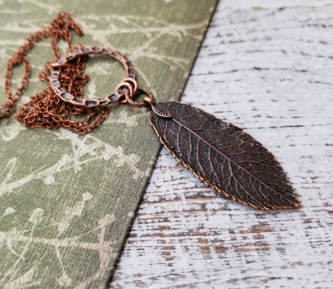Long Boho Copper Leaf Pendant Necklace Antiqued Copper Leaf Etsy