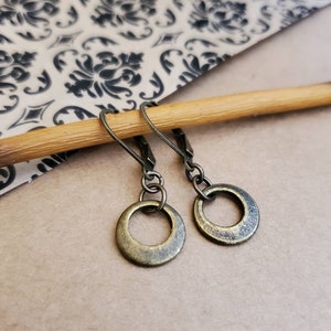 Petite Antiqued Brass Hoop Earrings, Brass Ring Drop Earrings, Small Antiqued Brass Circle Earrings, Bronze Ring Drops