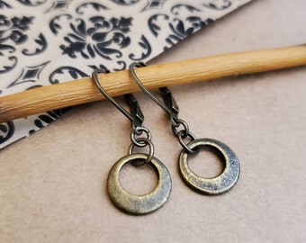 Petite Antiqued Brass Hoop Earrings: Bronze Ring Drop Earrings