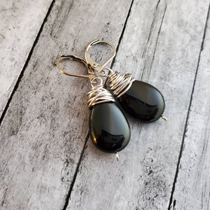 Black Onyx Teardrop Earrings, Black Onyx Earrings, Long Dangle, Leverback, Black Gemstone Earrings, Wire Wrapped, EARRINGS ONLY image 4