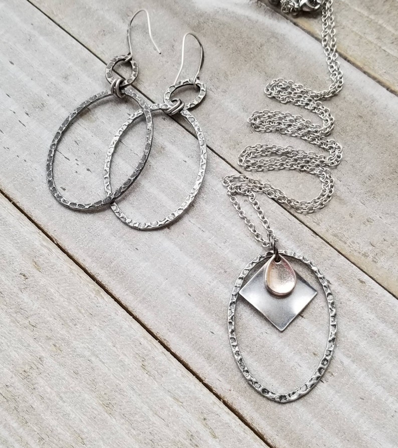 Long Boho Antiqued Silver Minimal Layering Necklace, Steampunk, Minimal Oval Ring Pendant, Silver Chain, Skinny Chain image 5