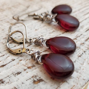 Bloodstone Red Czech Glass Earrings, Dark Red Czech Glass Wire Wrapped Teardrop Earrings, Dark Red Dangle Earrings, Garnet