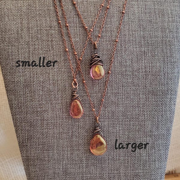 Rustic Picasso Finished Rosy Copper Czech Glass Teardrop Necklace: Oxidized Wire Wrap Pendant, Satellite Chain