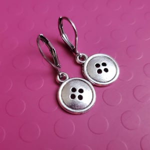 Silver Button Dangle Earrings: Sewing Theme, Leverback Style