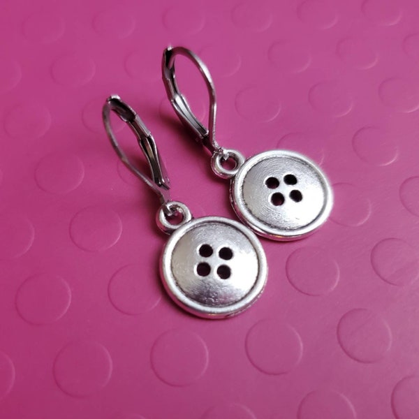 Cute Silver Button Charm Earrings, Silver Button Dangle Earrings, Leverback Earrings, Sewing lover Earrings, Seamstress