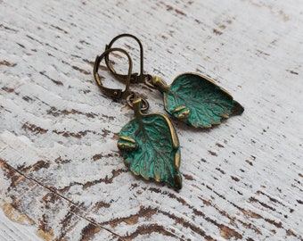 Verdigris Leaf Earrings, Artisan Leaf Earrings, Green Leaf Earrings, Patina Brass Leaf Earrings, Woodland Earrings, Ladybug Leaf