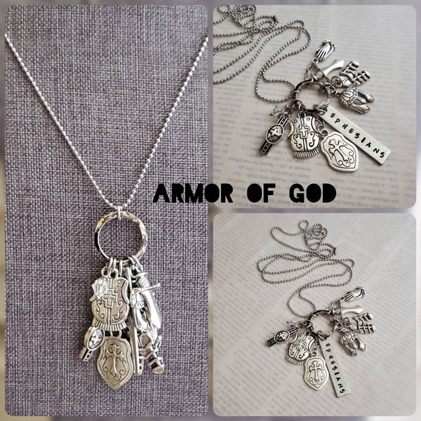 Armor of God Necklace, Armor of God Charm Necklace, Ephesians Necklace, Scripture, Cluster Pendant Necklace, Long Boho