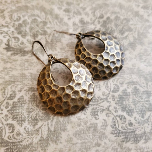 Hammered Rounded Bronze Geometric Disc Earrings, Brass Disc Earrings, Rounded Hammered Brass shops Circle Earrings