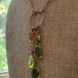 Antiqued Olivine Czech Glass Cluster Pendant Necklace in Copper, Autumn