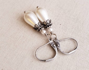 Elegant White Pearl Teardrop Earrings, Victorian Pearl Drop Earrings, Glossy White Pearl Silver Earrings in Antiqued Silver