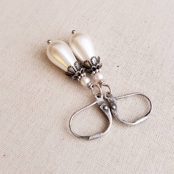 Elegant White Pearl Teardrop Earrings, Victorian Pearl Drop Earrings, Glossy White Pearl Silver Earrings in Antiqued Silver