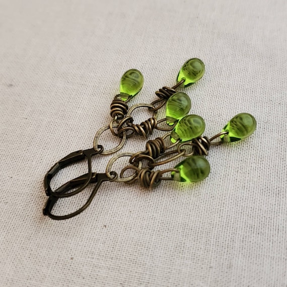 Olivine Green Czech Glass Drop Earrings: Antiqued Copper