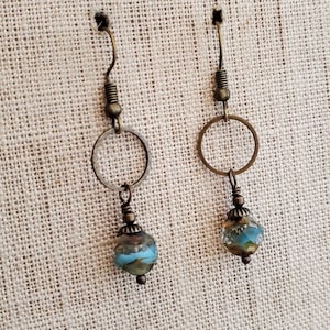 Rustic Rich Aqua Blue Czech Glass Dangle Earrings: Antiqued Brass Blue Green Drops