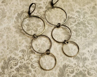 Minimal Antiqued Brass Triple Hoop Earrings, Long Brass Ring Drop Earrings, Bronze Circle Earrings