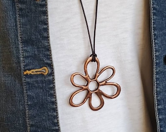 Boho Copper Flower Pendant Necklace: Groovy Rustic Brown Leather Cord, Adjustable
