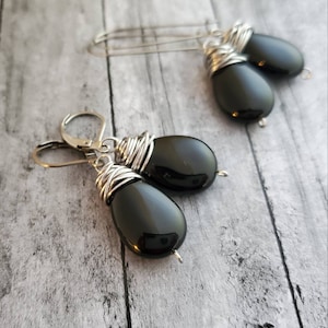 Black Onyx Teardrop Earrings, Black Onyx Earrings, Long Dangle, Leverback, Black Gemstone Earrings, Wire Wrapped, EARRINGS ONLY image 2