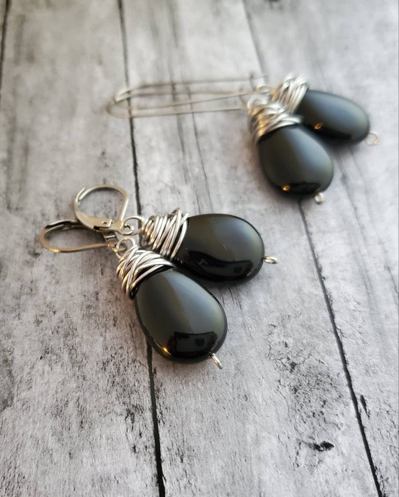 Black Onyx Teardrop Earrings, Black Onyx Earrings, Long Dangle, Leverback, Black Gemstone Earrings, Wire Wrapped, EARRINGS ONLY image 2