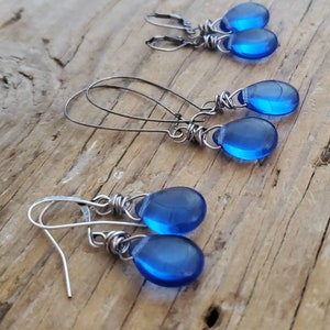 Translucent Sapphire Blue Teardrop Earrings, Blue Glass Teardrop Earrings, Blue Wire Wrapped Blue Earrings, Antiqued Silver, Light Sapphire