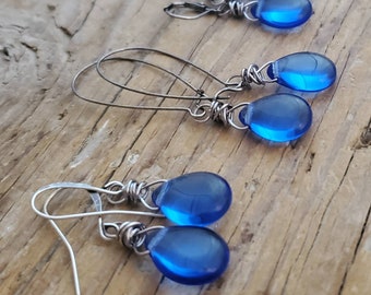 Translucent Sapphire Blue Teardrop Earrings, Blue Glass Teardrop Earrings, Blue Wire Wrapped Blue Earrings, Antiqued Silver, Light Sapphire