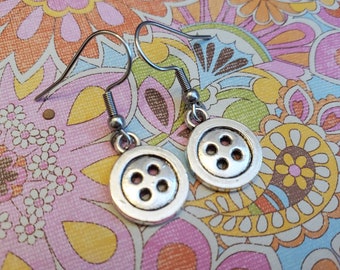 Silver Button Dangle Earrings: Sewing Theme, Leverback Style