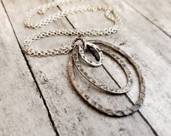 Long Boho Antiqued Silver Triple Ring Layering Necklace, Steampunk, Minimal Oval Ring Pendant, Silver Chain, Skinny Chain