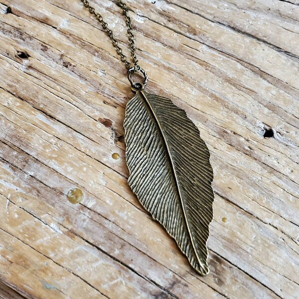 Long Bronze Leaf Pendant Necklace, Bronze Leaf Necklace, Long Brass Layering Necklace, Long Boho Leaf